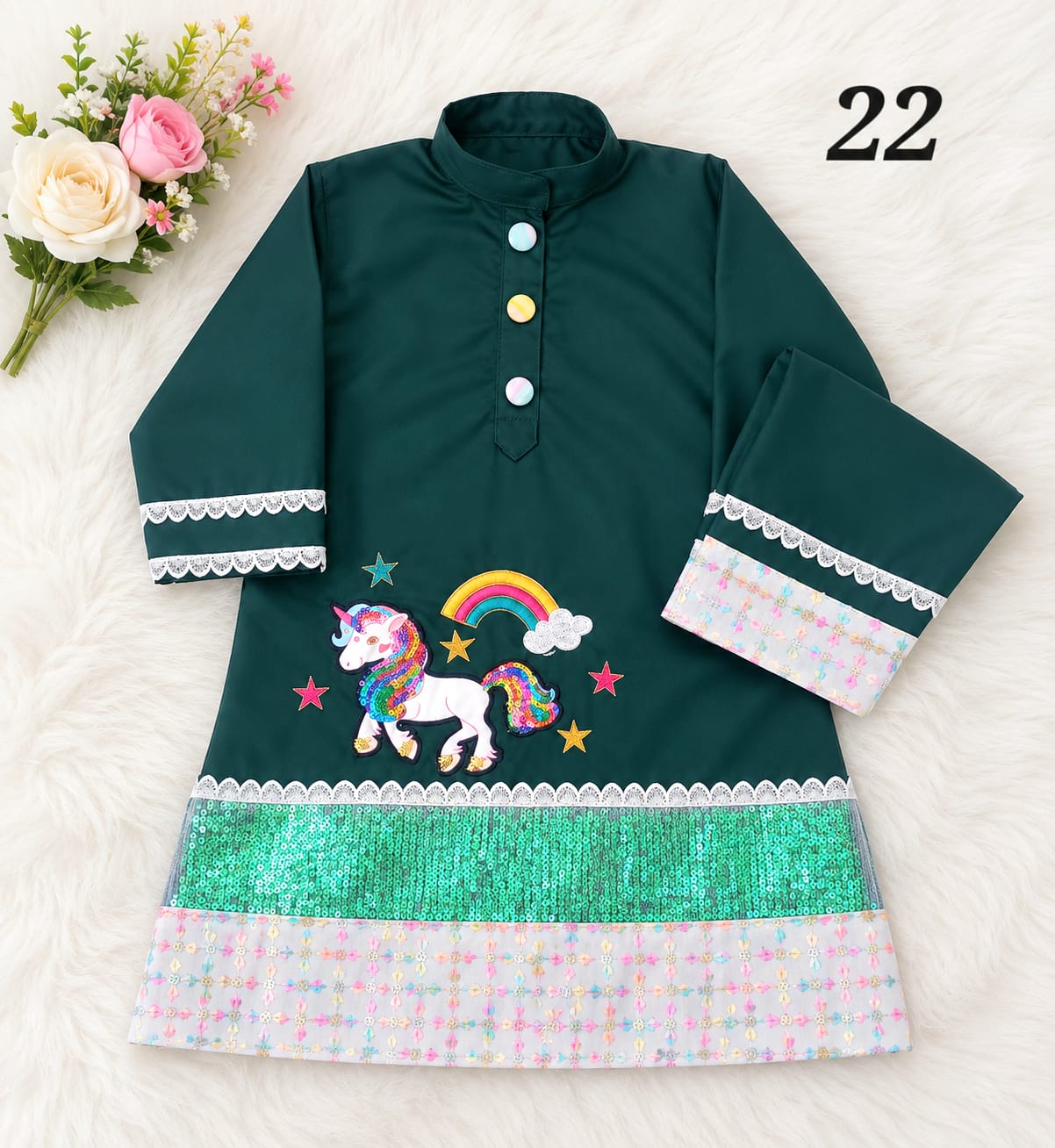  Size22 Bottle green Heavy embroidered panal with rainbow sequence unicorn Patchwork 